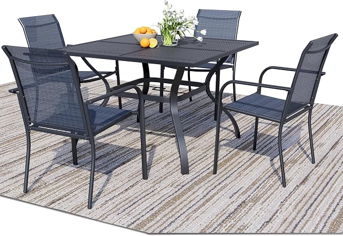 5 Piece Outdoor Dining Set, Patio Table and Chairs Set of 4, 37.5" Black Square Patio Table with 4 Dark Blue Stackable Patio Chairs for Lawn, Garden, Porch