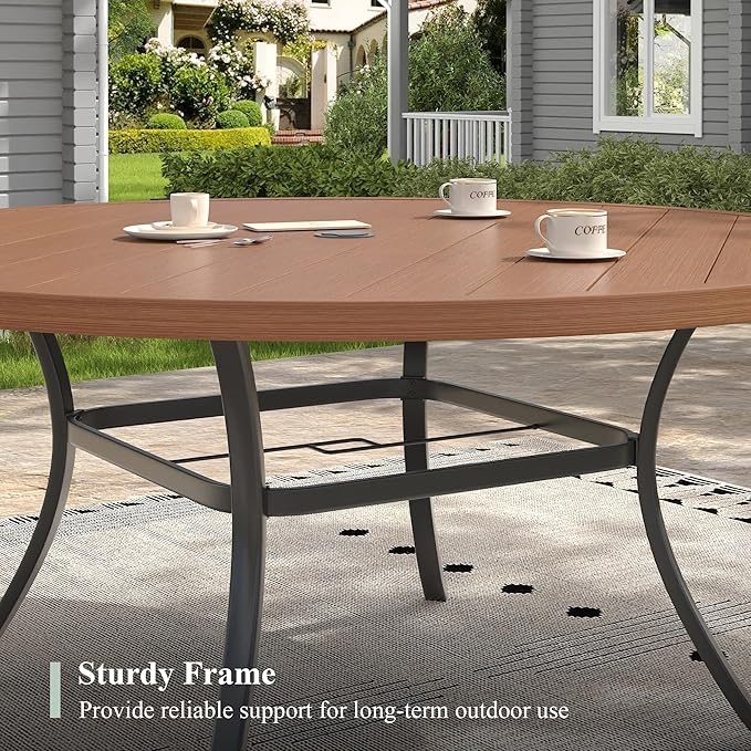 Patio Table and Chairs Set for 8, Outdoor Dining Set with 8 Stackable Dining Chairs and 53" x 53" Metal Slatted Round Dining Table for Porch, Deck, Lawn, Garden, Brown & Walnut