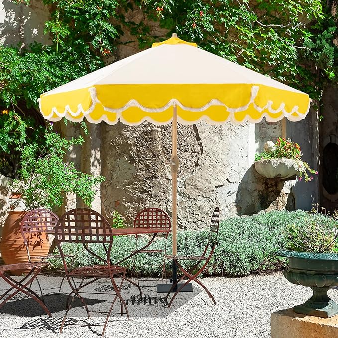 Tempera 9ft Scalloped Patio Umbrellas with Fringe, Market Umbrellas with Water-Resistant and Fade Resistant Canopy, 1.5" Wood Pole & Button Tilt.