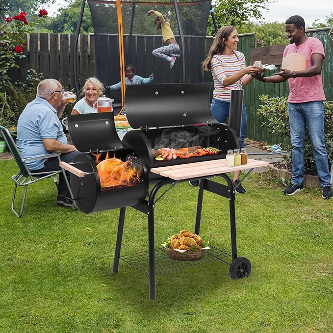 Karl home Charcoal Grill Offset Smoker, Charcoal Barbecue Grills with Spacious Cooking Area, Barrel BBQ Grill and Smokers Combo for Outdoor Balcony Picnics Party Camping