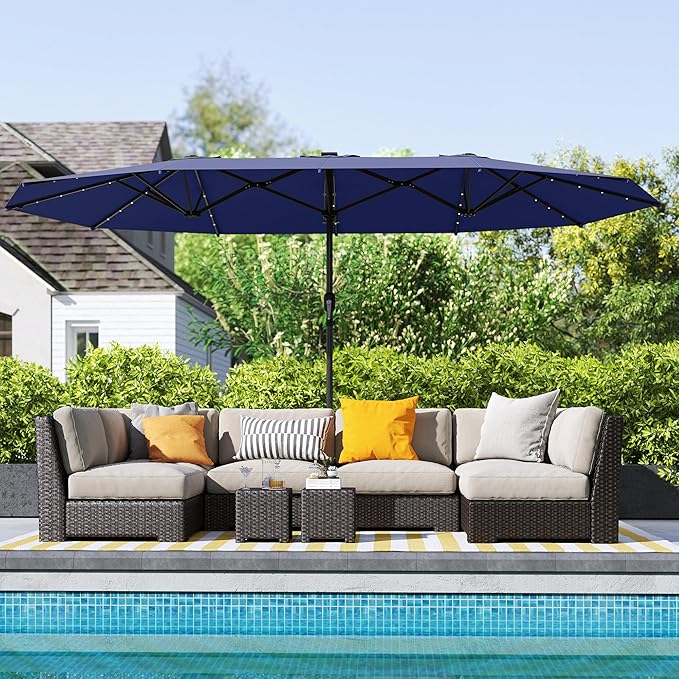 Outsunny 14.8ft Double Umbrella, Large Outdoor Patio Sun Shade with LED Solar Light for Garden