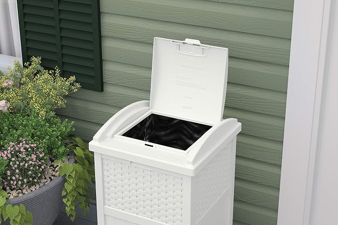 Suncast 99 Gal Resin Wicker Patio Storage Box - Water Resistant Outdoor Storage Container White & 33 Gal Hideaway Trash Can for Patio - Resin Outdoor Trash with Lid