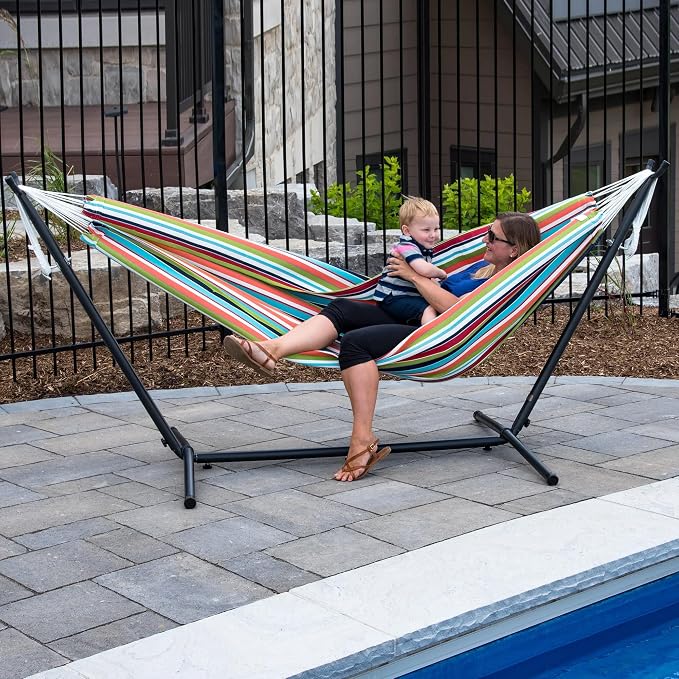 Vivere Double Hammock and Stand Combo – Durable, Comfortable, 450 lb Capacity, Heavy Duty Steel Stand, Tool-Free Assembly, Includes Carry Bag (Carousel Confetti)