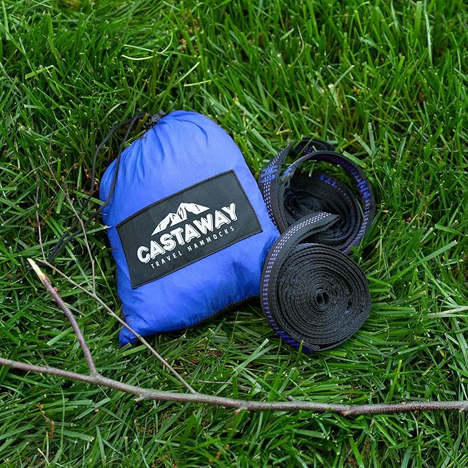Hammock in a Bottle by Castaway Living, Blue/Black Double Camping Hammock with 2 Tree Straps, 32 oz. Bottle, Triple Stitched Durable Nylon Material, Compact Design for Travel, Backyard, 400 Lbs.