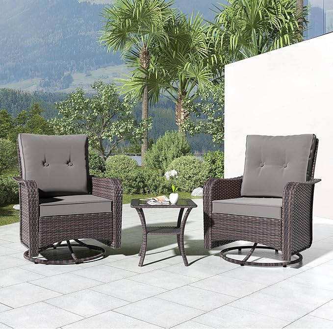 Kullavik 3 Pieces Patio Furniture Set,Outdoor Swivel Glider Rocking Chairs Set,Front Porch Furniture Patio Conversation Sets with Side Table for Balcony Deck Backyard,Grey