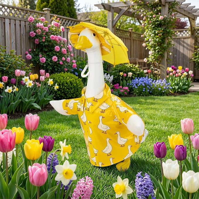 Yellow Goose Printed Raincoat Goose Outfits Porch Printed Waterproof Clothes with Umbrella Hat Fits 23" Geese Statue for Spring Garden Lawn Patio Yard Outdoor Decor (Special Printed)