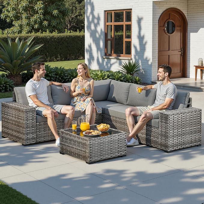 6 Pieces Patio Furniture Set, Outdoor Wicker Sectional Sofa with 7.7" Extra Wide Armrests, Modern Rattan Modular Conversation Set with Thickened Deep Seat Cushions for Garden, Backyard, Dark Gray