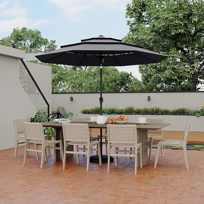 GarveeTech Patio Umbrella, 3-Tier Vented Canopy with Hand Crank, Push-Button Tilt Outdoor Umbrella, Alloy Rib Frame for Pool, Backyard and Deck, 9FT Grey