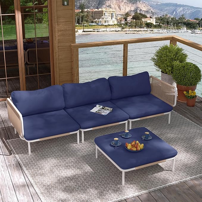 Patio Furniture Set, Outdoor Patio Furniture Oversized Metal Patio Sectional Sofa, 4-Seat Conversation Set with Cushion for Indoor and Outdoor,White Frame and Blue Mat