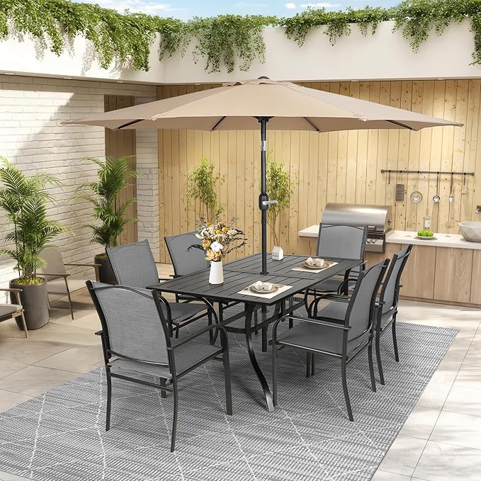 Crownland 7-Piece Patio Dining Set - 6 Textilene Metal Chairs & Rectangular Outdoor Dining Table with Khaki 9FT Round Outdoor Umbrella (Grey)