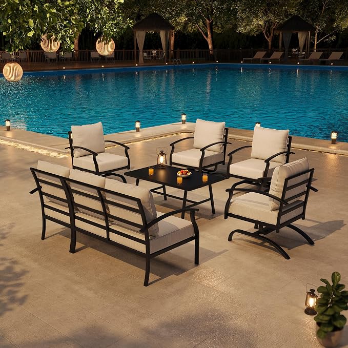 Metal Patio Furniture Set,6 Pieces 7 Seats Patio Sectional Outdoor Furniture Set with Rectangular Coffee Table,Patio Conversation Sets with 5.1" Thickened Cushions,Sand