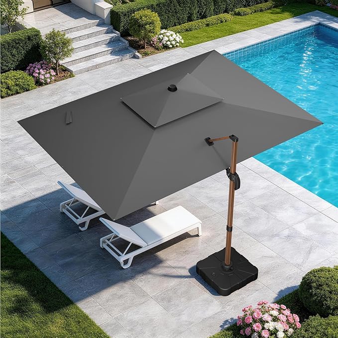 GENTEACO 10x13FT Rectangle Cantilever Patio Umbrella w/Base Included, Deluxe Wood Pattern Pole & 7 Angle Tilts, 360° Rotation, Offset Hanging Market Umbrellas for Garden Pool Patio, Grey