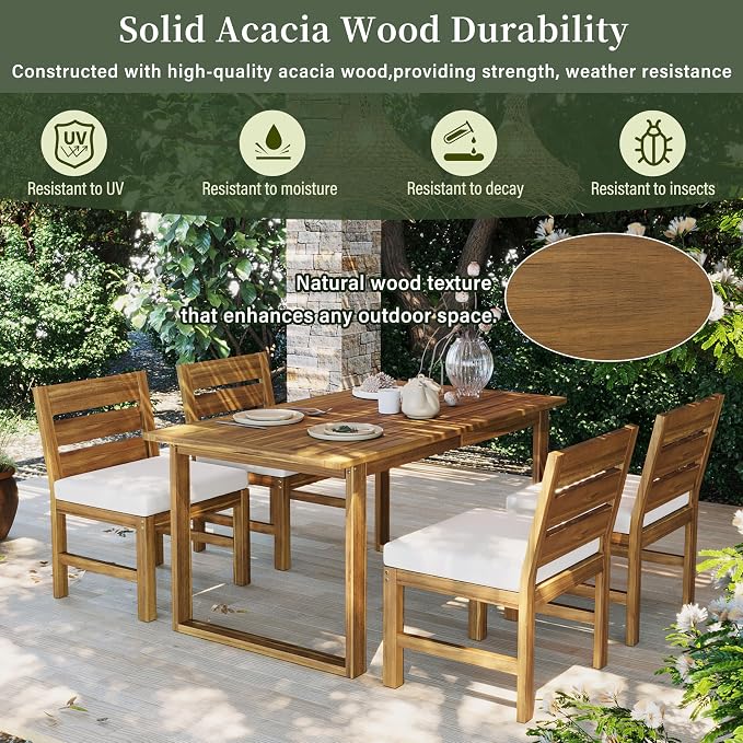 Merax 5-Piece Patio Dining Set for 4, Acacia Wood Farmhouse Outdoor Furniture Set with Removable Cushions & Adjustable Feet, Rustic Garden Dining Set for Backyard, Poolside, Beige + Natural