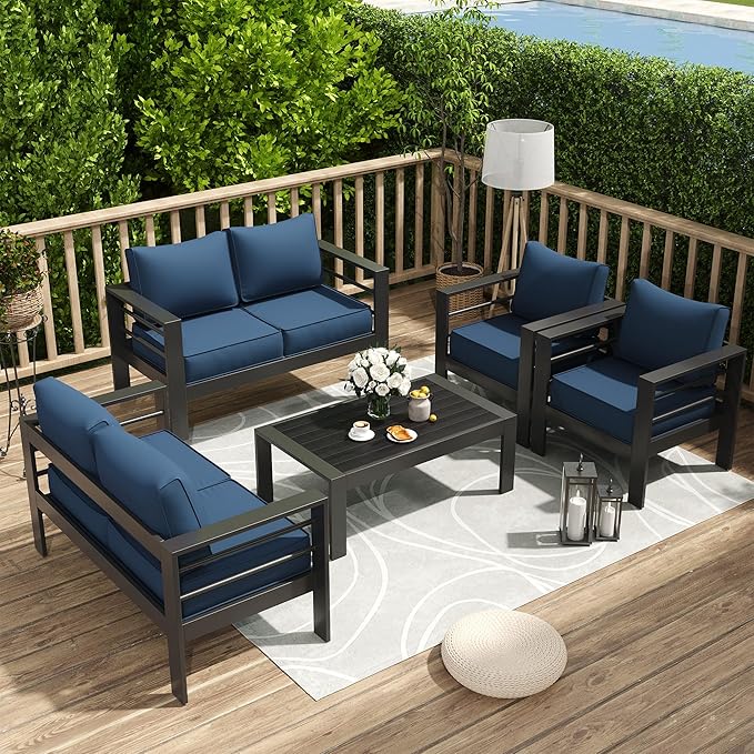 Amopatio Aluminum Patio Furniture Set, 7 Pieces Modern Patio Conversation Sets, Outdoor Sectional Metal Sofa with Coffee Table for Balcony, Garden, Dark Grey&Blue (Included Waterproof Covers)