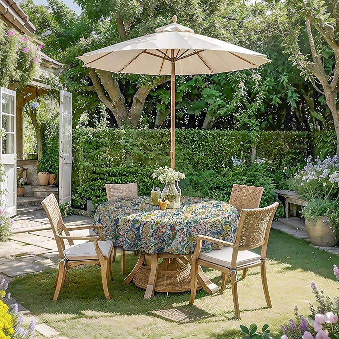 DYTXIII Outdoor Round Tablecloth with Umbrella Hole 60 Inch, Water Repellent & Fade Resistant Table Cover, All Weather Outdoor Tablecloth for Garden & Party Table, Paisley Paradise