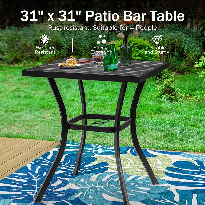 PHI VILLA Outdoor Patio 31" Square Height Bar Table with Umbrella Hole, 36" Height Coating Old Craft for Garden