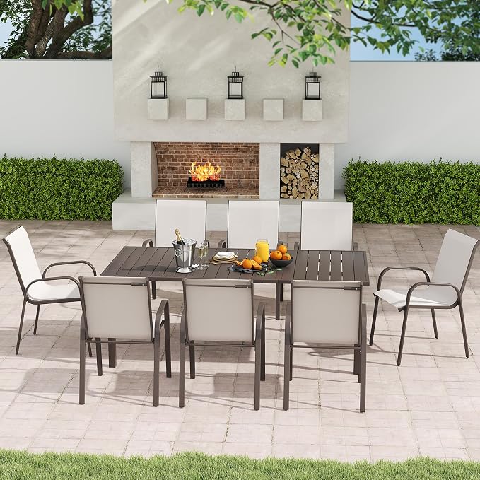 Outdoor Dining Set for 8, Patio Dining Set with Textilene Dining Chairs, Metal Dining Table with Umbrella Hole, Stackable Outdoor Chairs for Garden, Patio, Poolside and Backyard, Grey