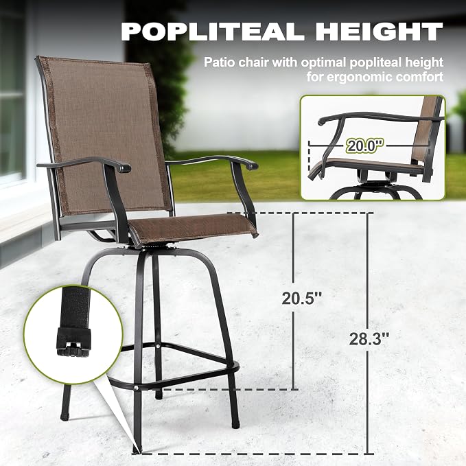 NUU GARDEN Outdoor Bar Set 3 Piece, Patio Square Tempered Glass Table with Textilene Swivel Bar Stools High Backrest, Outdoor Furniture for Garden Backyard, Brown Black