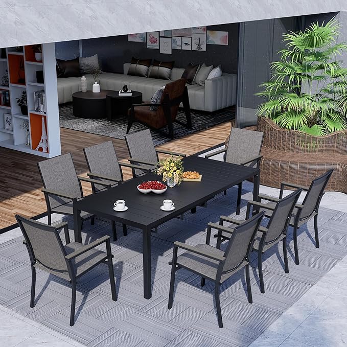 MEOOEM Outdoor Patio Dining Sets for 8, Outdoor Expandable Long Tables and Textilene Sling Chairs Set of 8, All Weather Heavy Duty 9-Piece Outdoor Patio Table and Chairs for Garden, Backyard