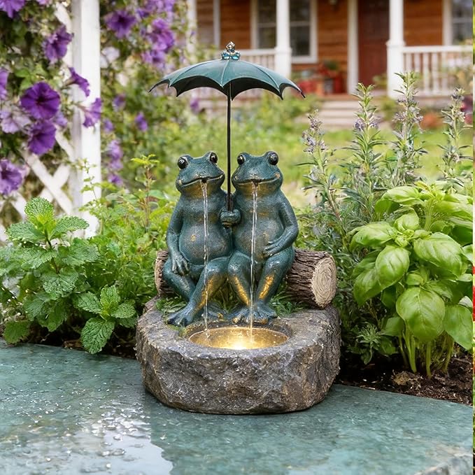 21" Frog Outdoor Water Fountain with LED Lights, Whimsical Resin Tabletop Waterfall Fountain Under Umbrella, Soothing Zen Garden Decor for Patio, Yard, Porch & Deck, Faux Bronze