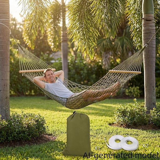 Portable Camping Hammock 79"x32" Anti-Rollover Mesh Hammock with Wooden Spreader Bar, Lightweight Hanging Hammock for Backyard Patio Travel Indoor Outdoor, White/Brown/Army Green