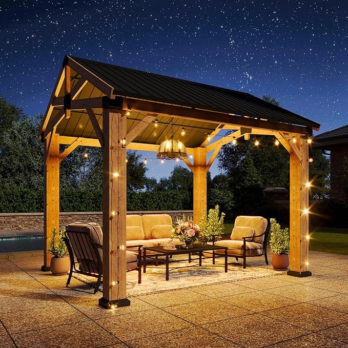Aoxun 10' x 10' Outdoor Wood Gazebo with 20" Ceiling Fan with Light, Hardtop Gazebo Permanent Wooden Pavilion with Galvanized Steel Gable Roof, for Patio, Garden, Backyard, Cedar Wood