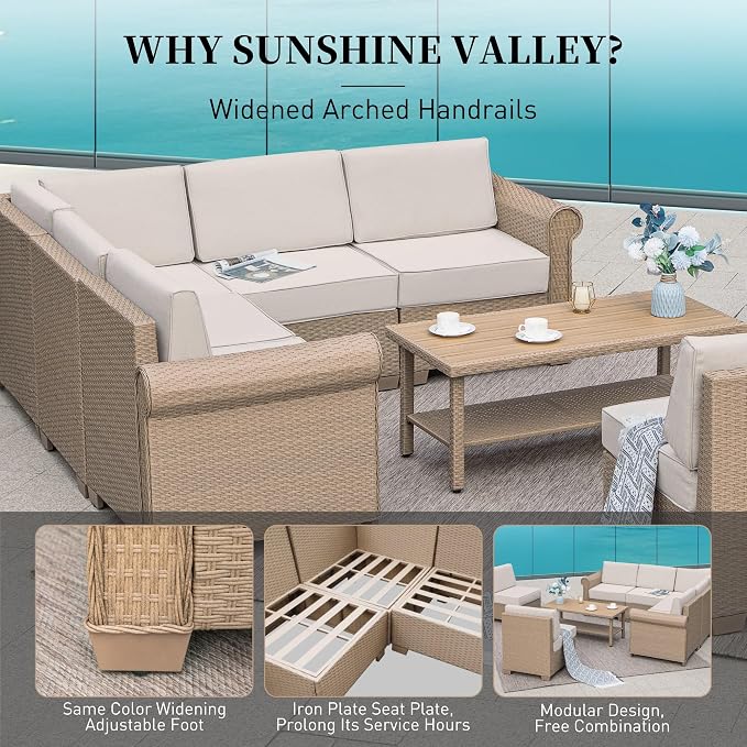 Patio Furniture Set 8 Piece, Wicker Rattan Sectional Sofa Couch with 5.5" Thick Waterproof Cushion and Coffee Table, L Shaped All weather Outdoor Conversation Set for Lawn Backyard Deck, Beige