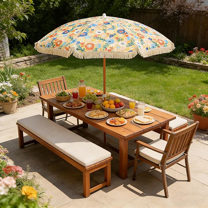 Seazul 5.2ft Patio Umbrella with Fringe, Beach Umbrella, Fringe Umbrella Outdoor Patio, Tilting Steel Pole, UV 50+, Fiberglass Ribs, Floral
