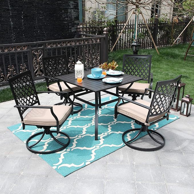 PHI VILLA Patio Dining Set for 4, Swivel Chairs& Metal Table | 37" Metal Table w/ Umbrella Hole&Swivel Wrought Iron Chairs with Cushions, Outside Furniture for Patio,Deck,Yard,Porch