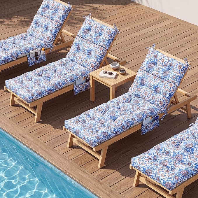 Kigley 2 Pcs Outdoor Chaise Lounge Cushions with 3 Side Pocket 74.5 x 22 x 4.7 Inch Patio Chaise Lounge Cushion, Water-repellent and Fade-resistant Tufted Summer Replacement(Navy Blue Retro