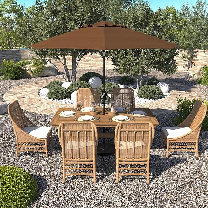 California Umbrella 9' Round Aluminum Market Umbrella, Crank Lift, Push Button Tilt, Black Pole, Teak Olefin