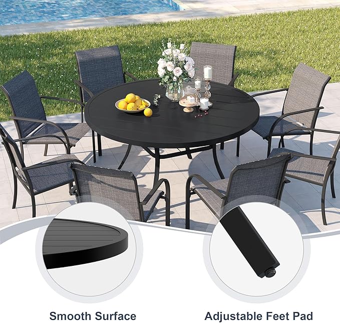 VICLLAX Patio 9 Pieces Outdoor Dining Set,Wrought Iron Metal Outdoor Table and Chairs Set,54" Round Table with Umbrella Hole and 8 Swivel Textilene Chairs for Lawn,Garden,Porch,Black/Brown