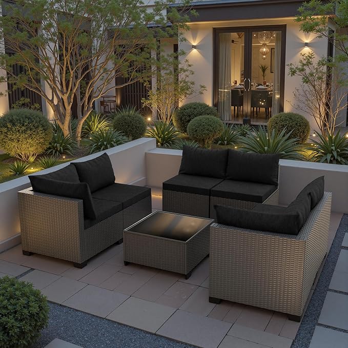 7 Piece Patio Furniture Set, All-Weather Water-Resistant Wicker Rattan Sectional Sofa, Modular Outdoor Conversation Set for Backyard, Garden, Poolside, Balcony