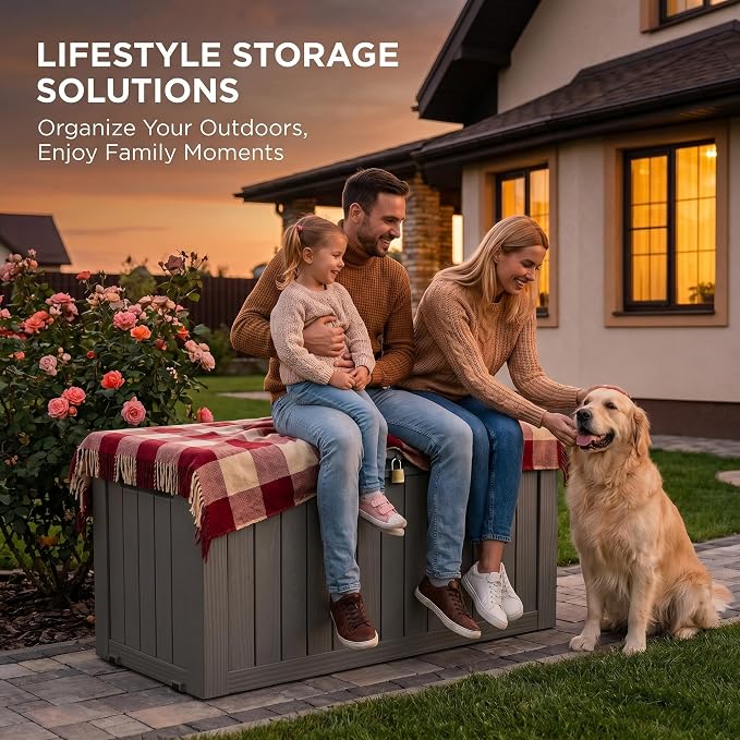 LAUSAINT HOME 120 Gallon Outdoor Deck Box, Waterproof Resin Storage Box with Lock, Patio Cushion Storage, Garden Tool Organizer, Pool Storage Container, Outdoor Storage Bench, Light Brown