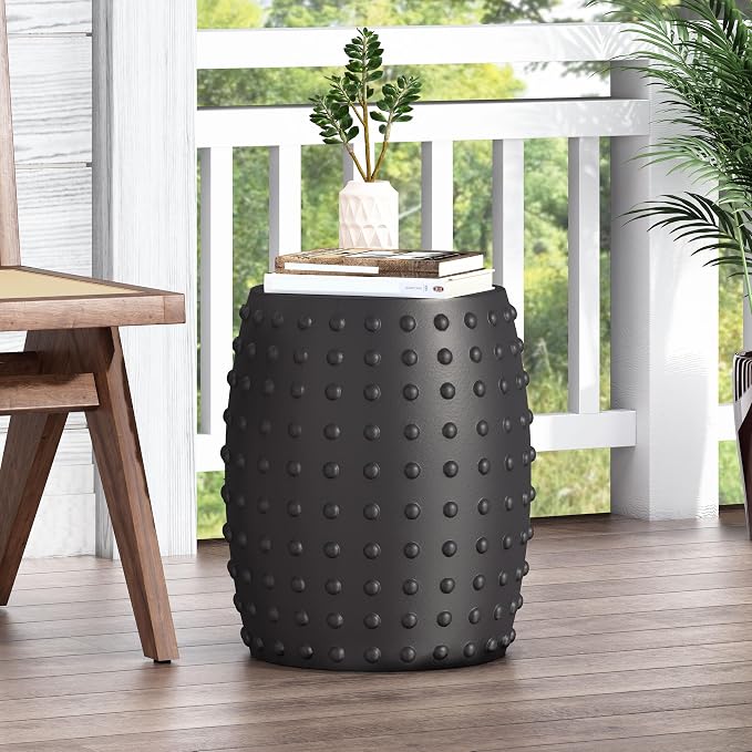 Outdoor Side Table 15.5" Drum Shape Lightweight Concrete-Look Outdoor Indoor Accent Table Decorative Garden Stools, for Patio Porch Living Room, Black
