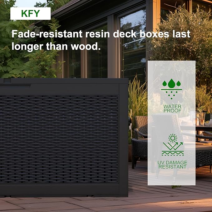 DRATO 100 Gallon Large Deck Box, Outdoor Storage Box for Patio Furniture, Patio Cushions, Gardening Tools, Pool Supplies, 660lbs Weight Capacity, Waterproof Resin Storage Boxes (Black, 100 Gallon)