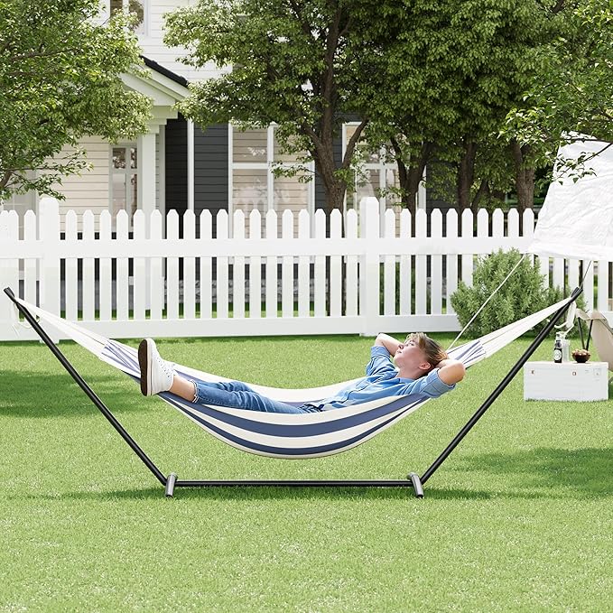 Heavy Duty Double Cotton Hammock with Steel Stand – 2 Person Brazilian-Style, 450lbs Capacity, Portable Indoor Outdoor Lounger with Carry Bag, Backyard, Balcony, Camping, Blue and White