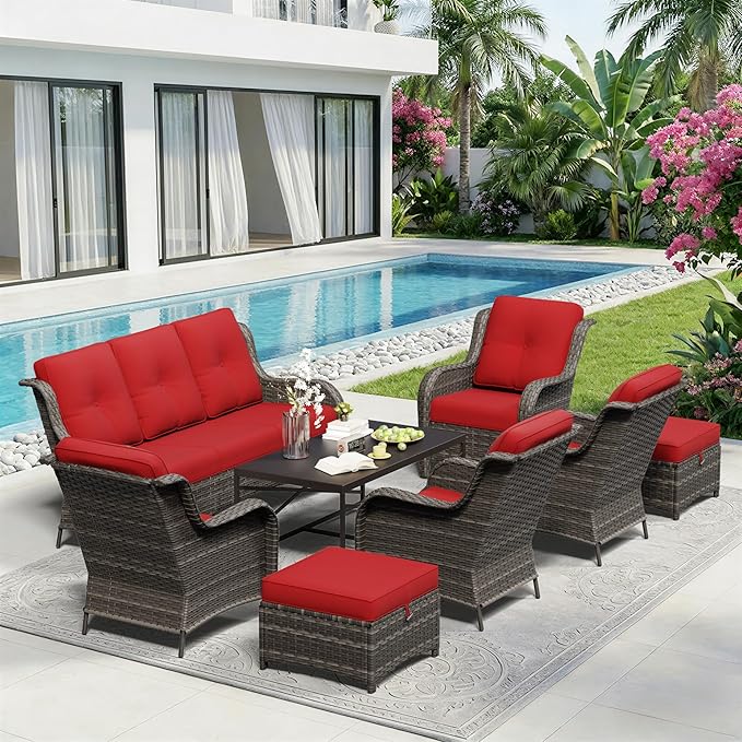 8 Piece Outdoor Wicker Patio Furniture Set, Patio Chairs Set with Thickened Olefin Cushions, High Back and Deep Seating, Hand-Woven PE Rattan, Ottoman for Porch, Deck