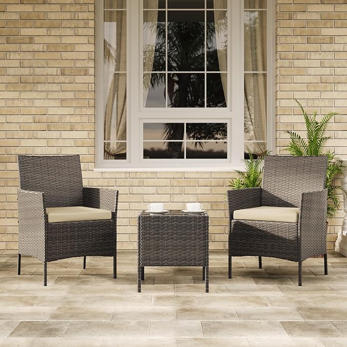 3-Piece Outdoor Furniture Set, PE Rattan Wicker Chairs with Soft Cushions & Tempered Glass Coffee Table - All-Weather Patio Set for Garden, Backyard, Porch, Poolside (Gradient Brown/Beige)