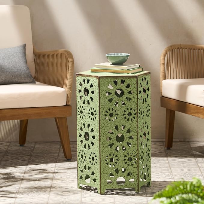 Merax Iron Patio Side Table with Sunburst Cut Out Design 14"x22" Outdoor End Table Hexahedron Accent Table (Green)
