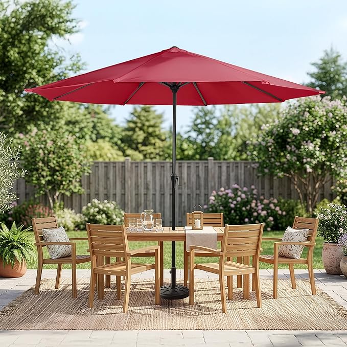 Pure Garden 9FT Round Patio Umbrella with 19lb Weighted Base - Easy Crank, Vented Canopy Outdoor Umbrella for Shade - for Deck, Balcony, Porch, Backyard, or Pool (Maroon Red)
