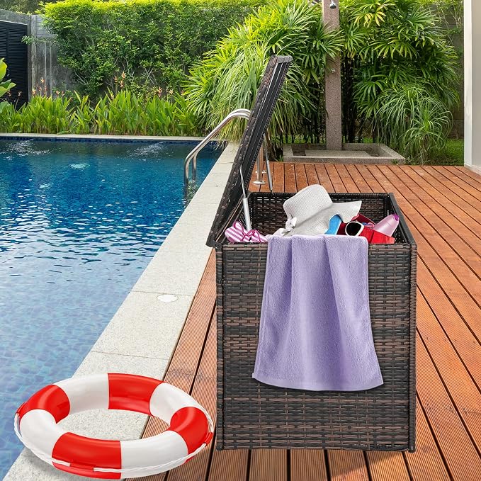 Simply-ME 104 Gal Outdoor Deck Storage Box,PE Rattan Large Storage Deck Box Bench for Indoor/Outdoor Garden Pool Patio Storage,Double Door