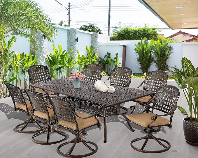 TITIMO 9-Piece Cast Aluminum Patio Furniture Set, Outdoor Patio Dining Set Bistro Conversation Set, Rectangular Dining Table Set w/Cushions Umbrella Hole (Khaki-Swivel Grid Chair, 9 Pcs)