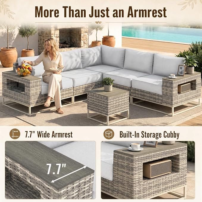 12-Piece Outdoor Patio Furniture Set, Gray PE Wicker Outdoor Sectional Sofa with Storage Armrests & 5.5" Thick Cushions, L-Shaped Couch for Deck, Porch, Backyard, Ivory White