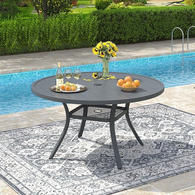 VICLLAX Round Patio Dining Table for 4-6, Outdoor Metal Dining Table with Umbrella Hole for Deck Lawn Garden Backyard, 47.2" Dark Grey