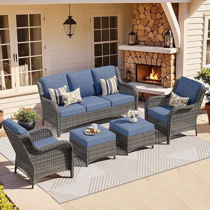 ovios 5-Pieces Patio Furniture Set, Outdoor Wicker Sofa Couch with Chairs Ottomans Comfy Cushions, All Weather High Back Modern Conversation Set, Grey Rattan, Denim Blue