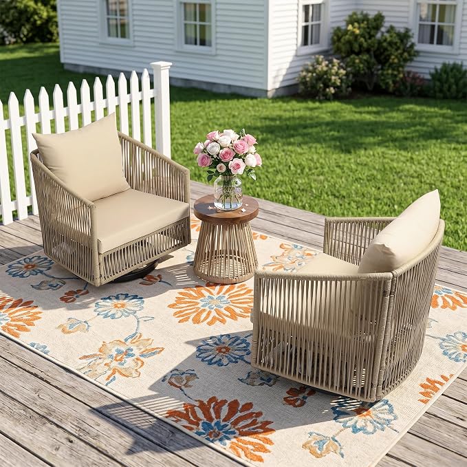 Outdoor Patio Furniture Set, 3 Pieces Outdoor Swivel Chairs with Coffee Table and Thick Cushion, Pe Wicker Rope Furniture Set for Entertaining, Balcony, Garden, Poolside, Khaki