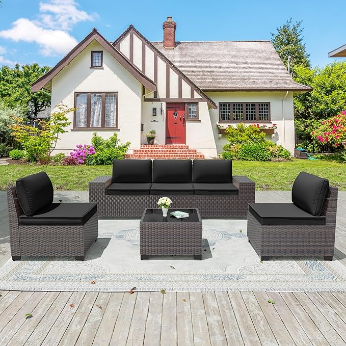 Patio Furniture Set 6 Pieces Outdoor Sectional Sofa Set,PE Rattan Wicker Patio Conversation Set with Thickened Cushions and Glass Coffee Table,Black