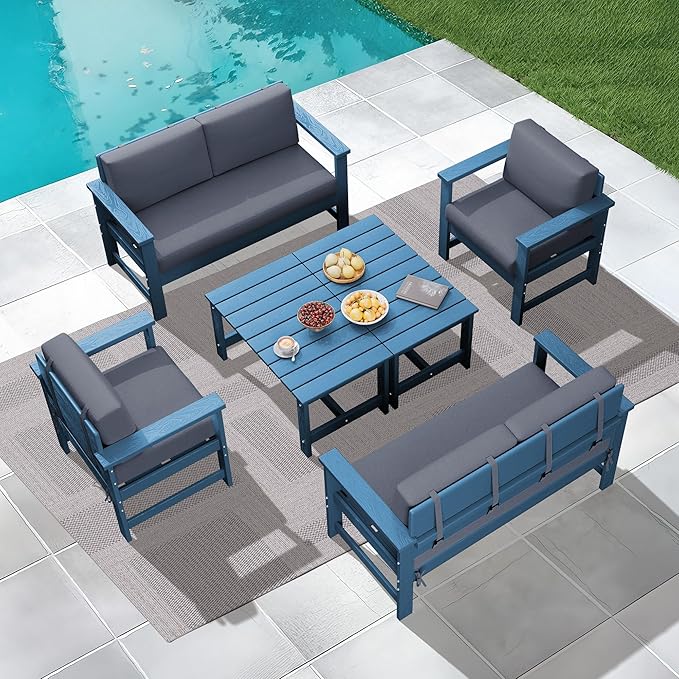 KINGYES 6 Pieces Outdoor Furniture Set, HDPE All Weather Use Conversation Couch, Blue Frame with Grey Cushions