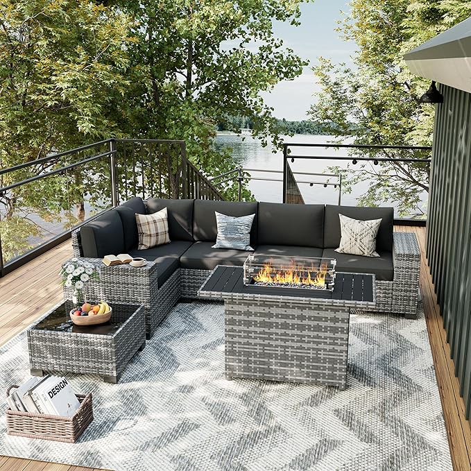 UDPATIO Patio Sectional Sofa with Fire Pit Table, 8 Inch Armrest 7-Piece Wicker Conversation with Waterproof Cover for Backyard Deck, Grey/Black